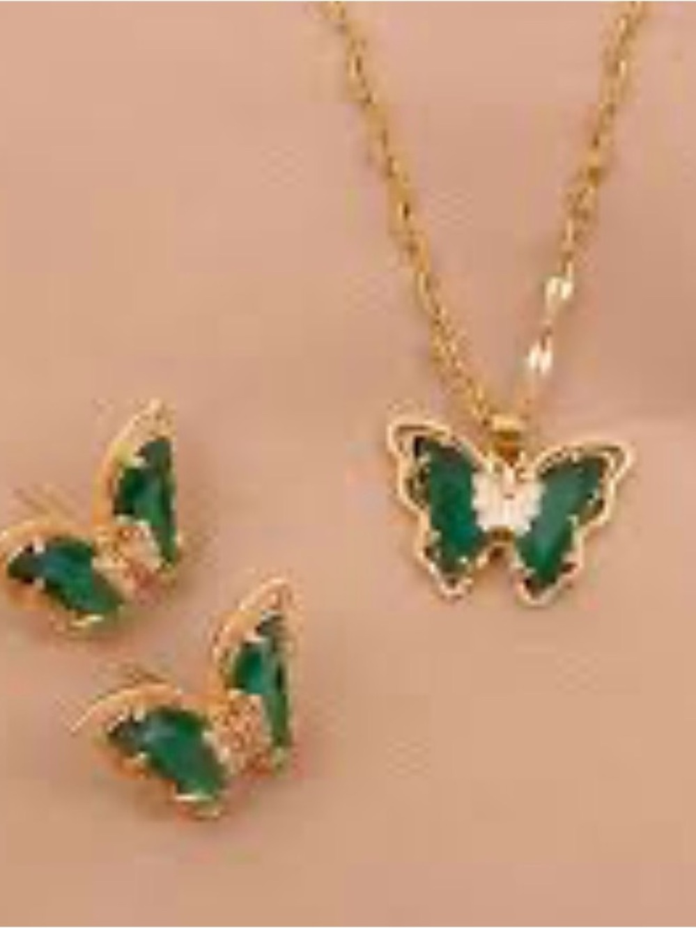 Gold Butterfly Pendant Necklace and Earrings Set with Green Enamel